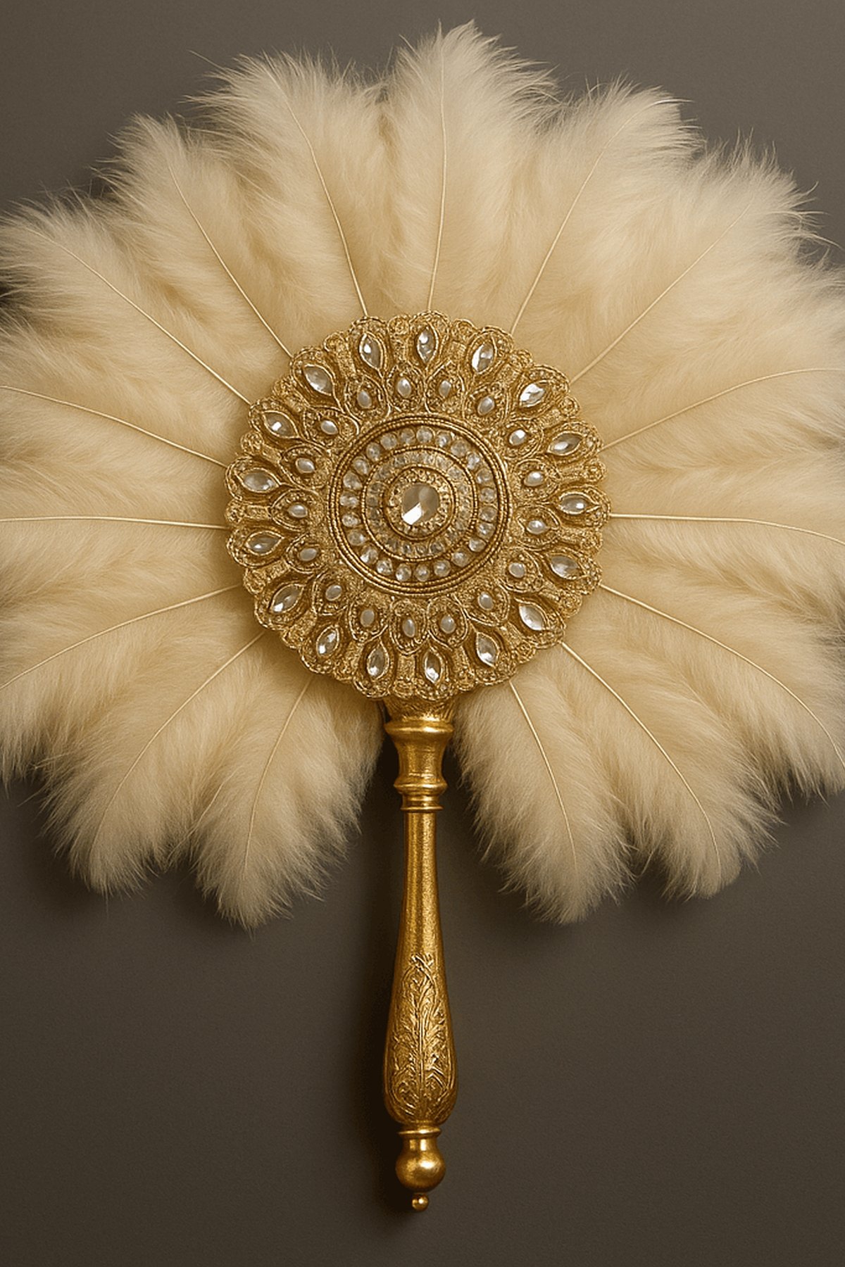 Opulent Gold & White Ostrich Feather Fan - front