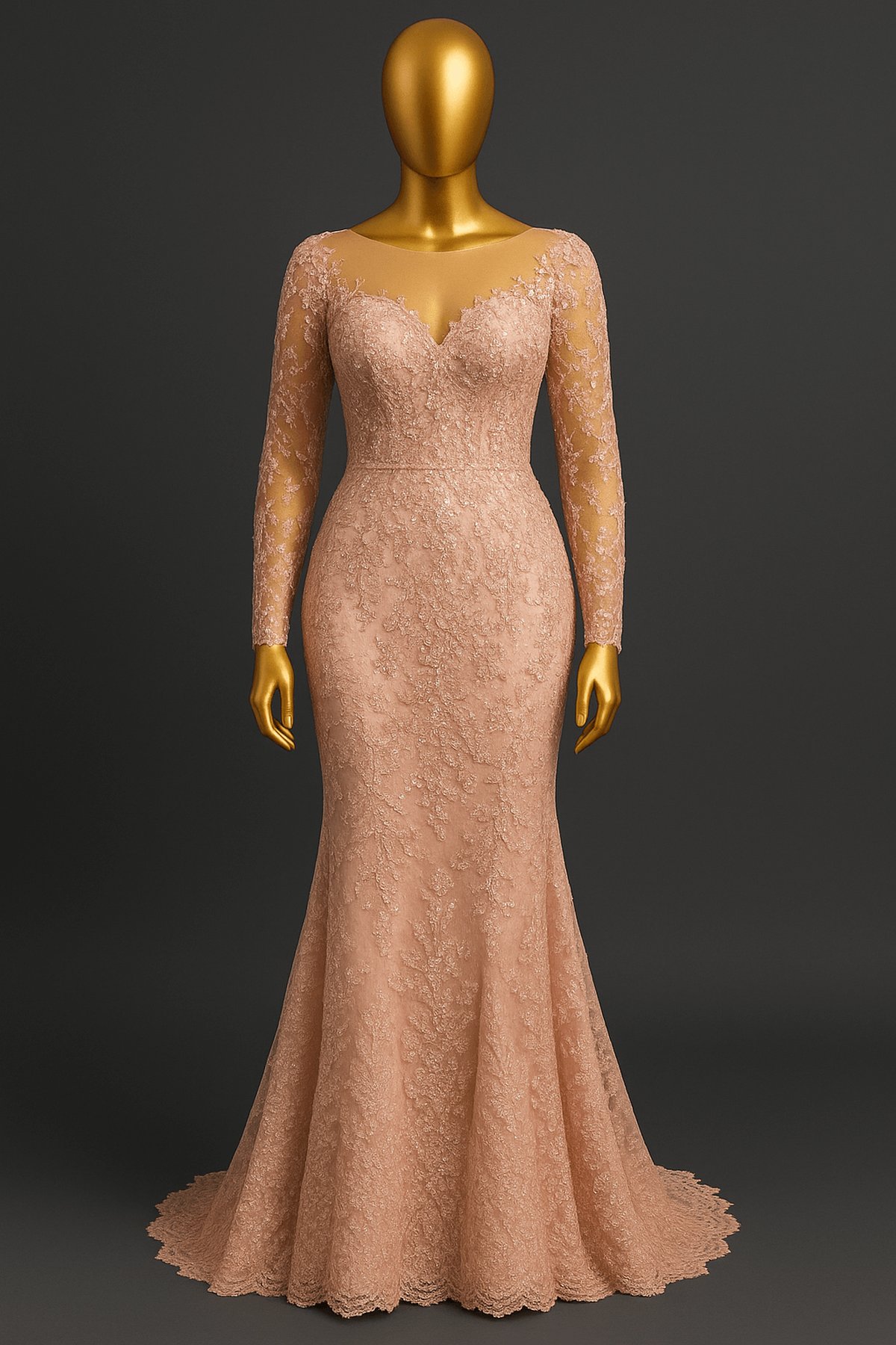 Blush Pink Illusion Lace Mermaid Gown - front