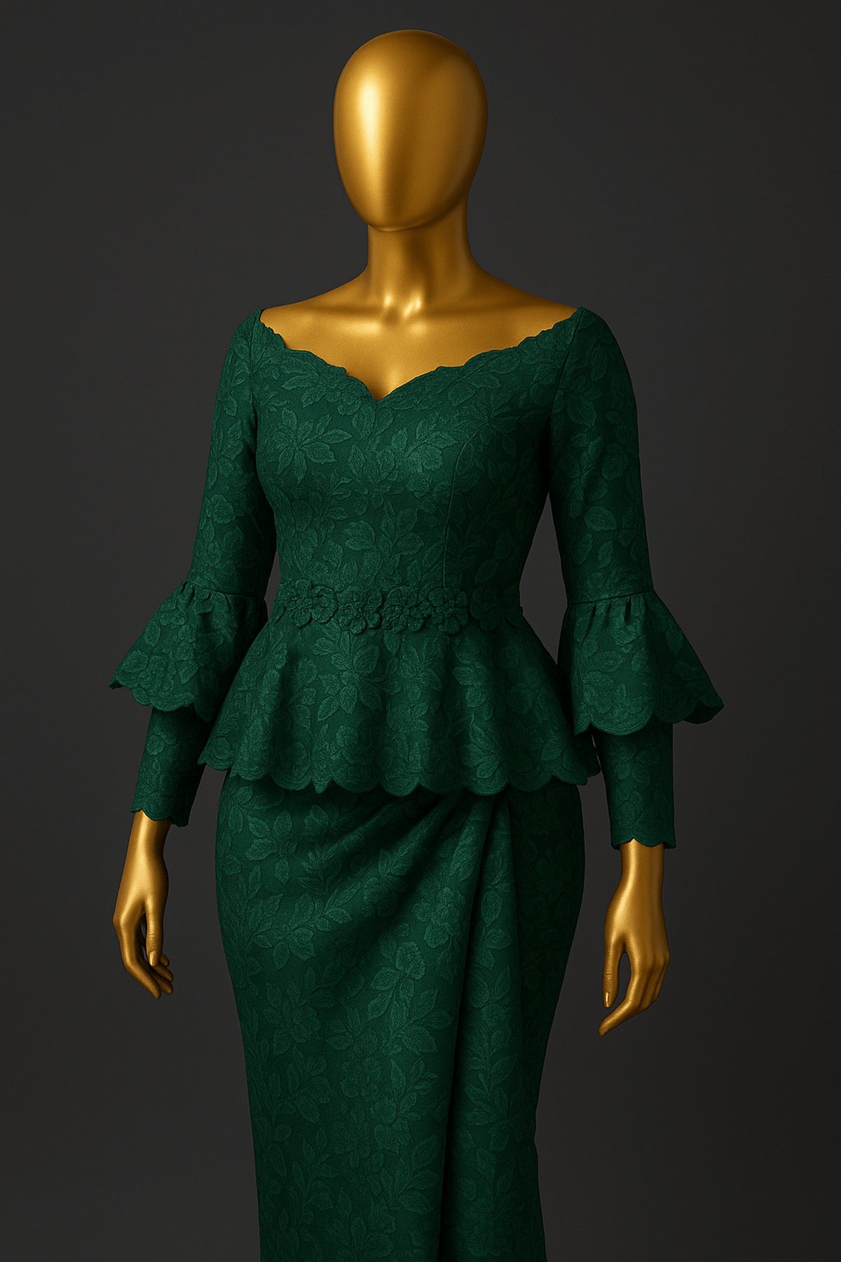 Emerald Elegance Peplum Blouse & Wrapper - front
