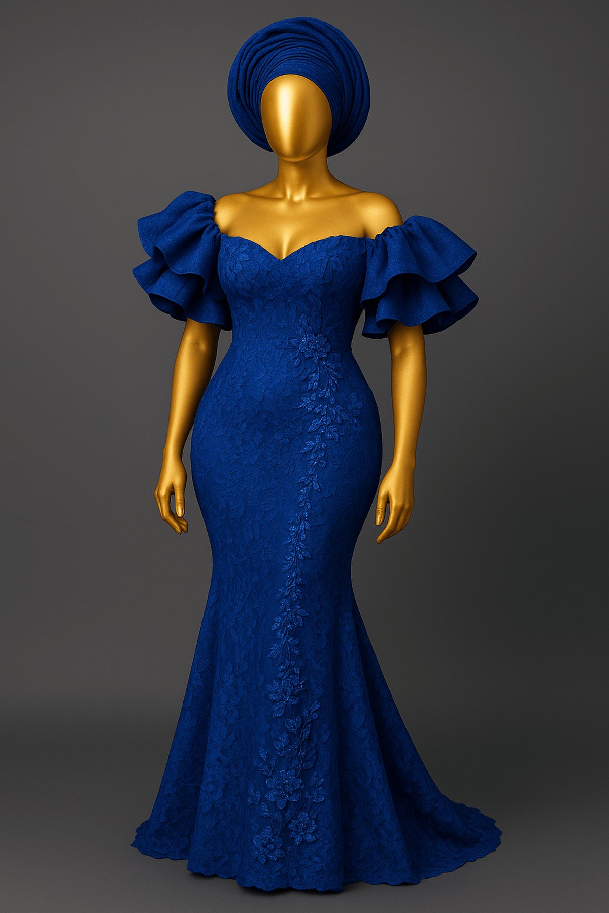 Royal Blue Ruffle-Sleeve Asoebi - front